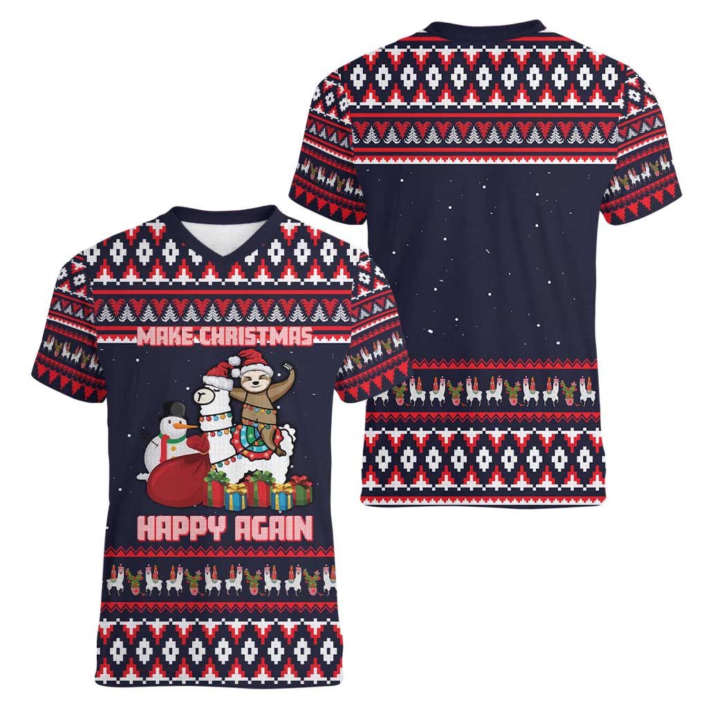 Llama and Snowman Women V-Neck T-Shirt with Gifts and Nordic Pattern - Wonder Print Shop