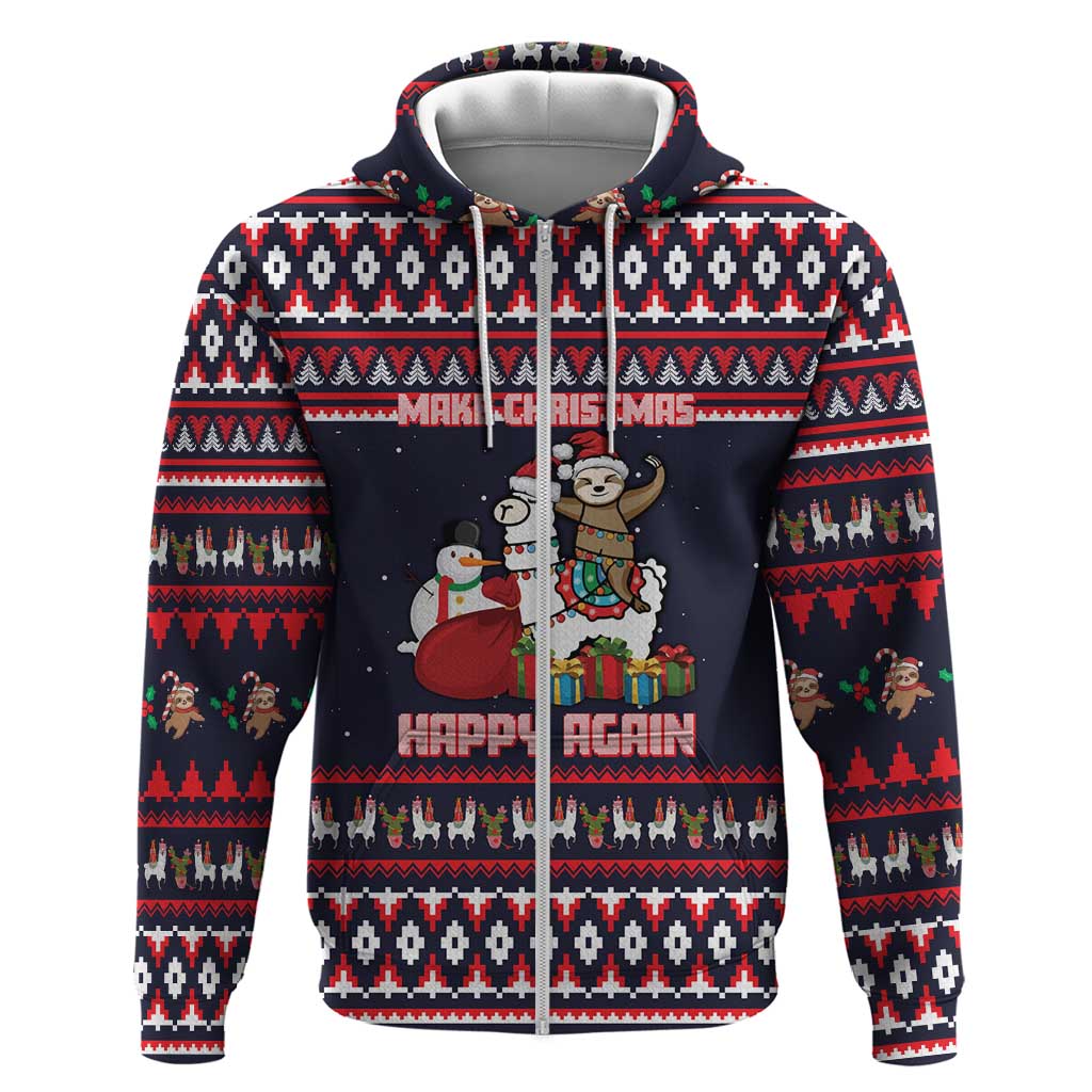 Llama and Snowman Zip Hoodie with Gifts and Nordic Pattern - Wonder Print Shop
