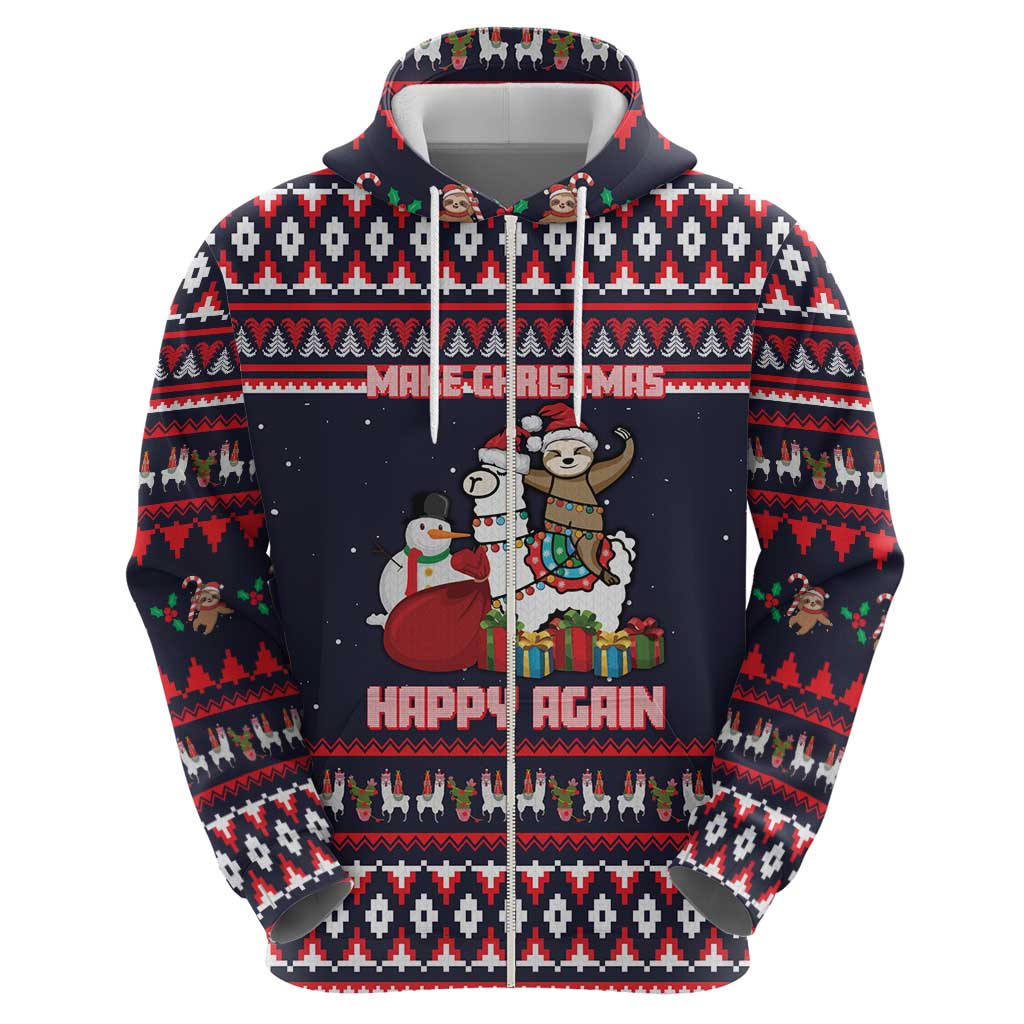 Llama and Snowman Zip Hoodie with Gifts and Nordic Pattern - Wonder Print Shop
