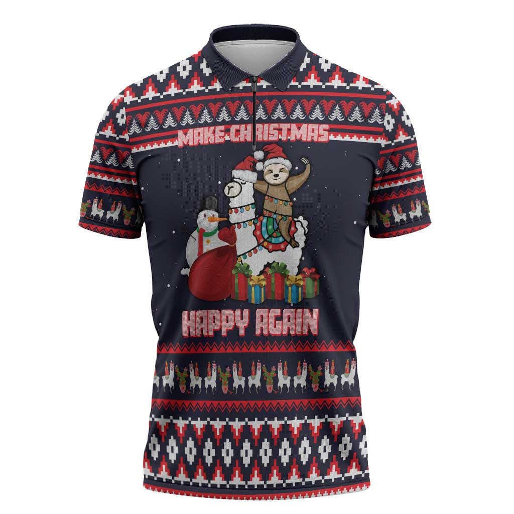Llama and Snowman Zipper Polo Shirt with Gifts and Nordic Pattern - Wonder Print Shop