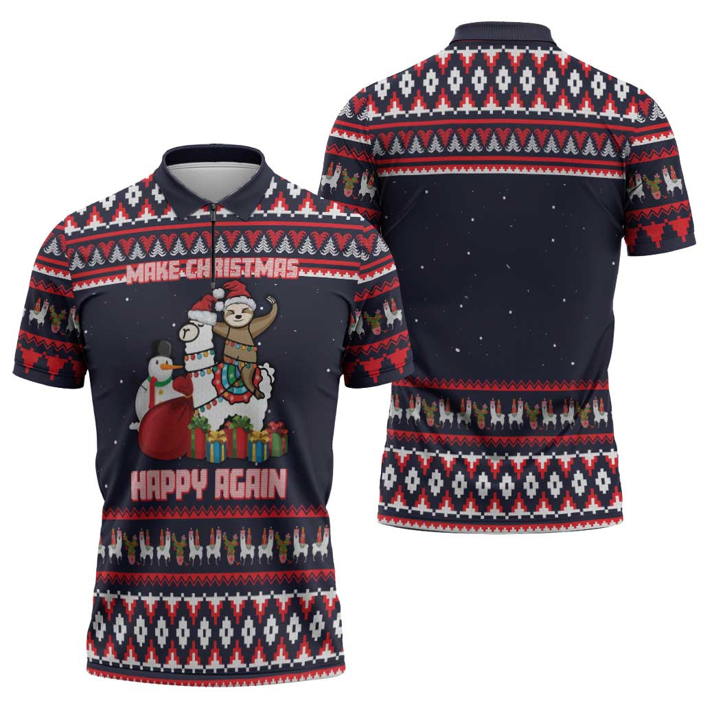 Llama and Snowman Zipper Polo Shirt with Gifts and Nordic Pattern - Wonder Print Shop