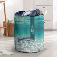 Striped Bass Fishing Laundry Basket with Underwater Ocean Scene and Teal Water Pattern - Wonder Print Shop