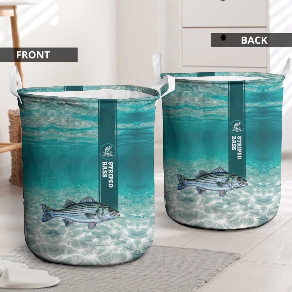Striped Bass Fishing Laundry Basket with Underwater Ocean Scene and Teal Water Pattern - Wonder Print Shop