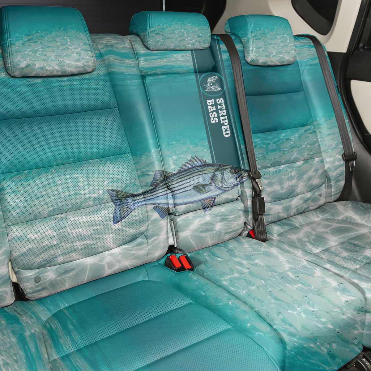 Striped Bass Fishing Back Car Seat Cover with Underwater Ocean Scene and Teal Water Pattern - Wonder Print Shop