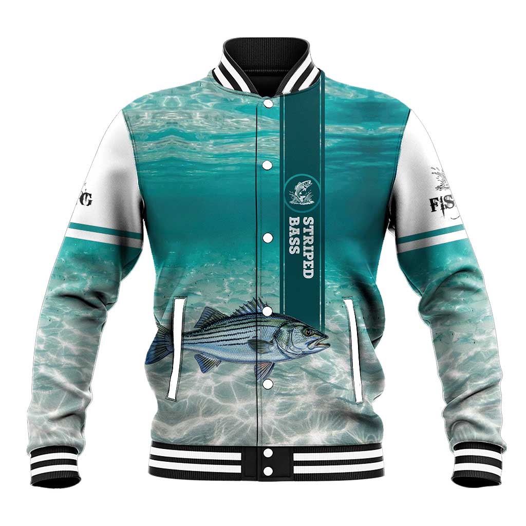 Striped Bass Fishing Baseball Jacket with Underwater Ocean Scene and Teal Water Pattern - Wonder Print Shop