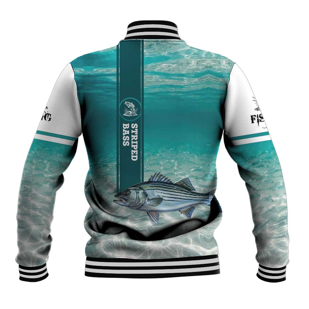 Striped Bass Fishing Baseball Jacket with Underwater Ocean Scene and Teal Water Pattern - Wonder Print Shop