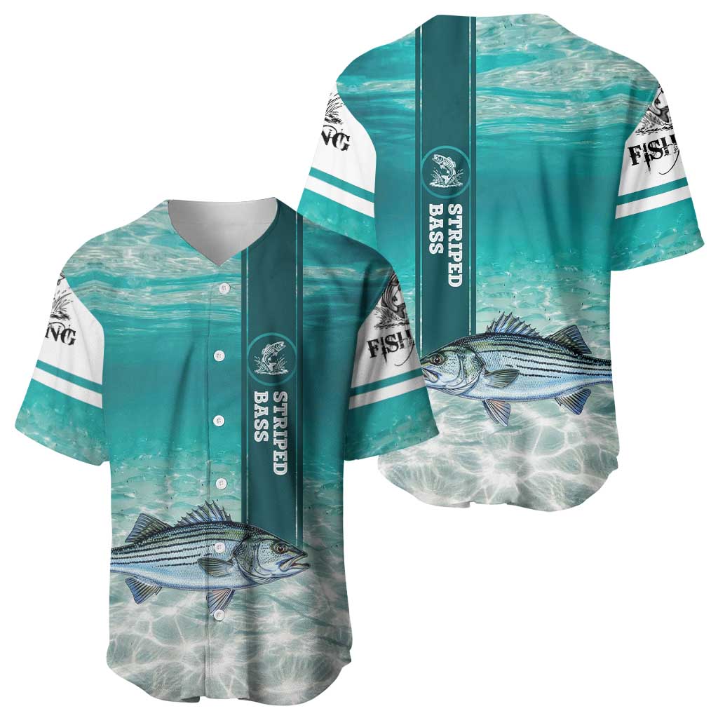 Striped Bass Fishing Baseball Jersey with Underwater Ocean Scene and Teal Water Pattern - Wonder Print Shop
