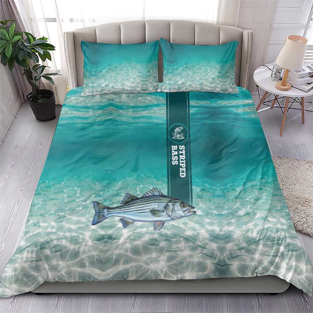 Striped Bass Fishing Bedding Set with Underwater Ocean Scene and Teal Water Pattern - Wonder Print Shop