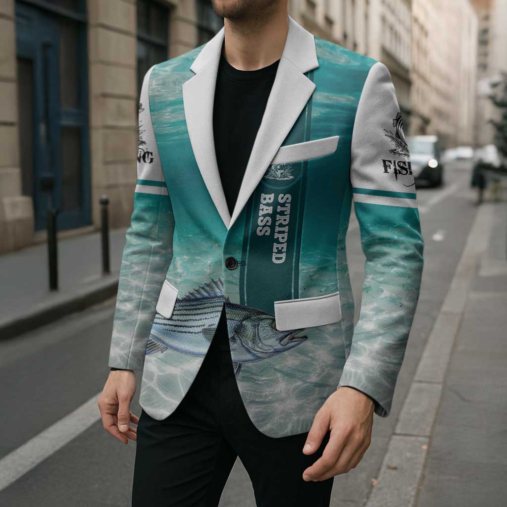 Striped Bass Fishing Blazer with Underwater Ocean Scene and Teal Water Pattern - Wonder Print Shop