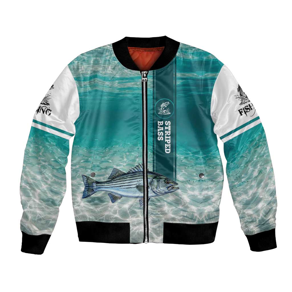 Striped Bass Fishing Bomber Jacket with Underwater Ocean Scene and Teal Water Pattern - Wonder Print Shop