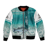 Striped Bass Fishing Bomber Jacket with Underwater Ocean Scene and Teal Water Pattern - Wonder Print Shop