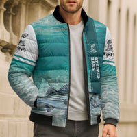 Striped Bass Fishing Bomber Puffer Jacket with Underwater Ocean Scene and Teal Water Pattern - Wonder Print Shop