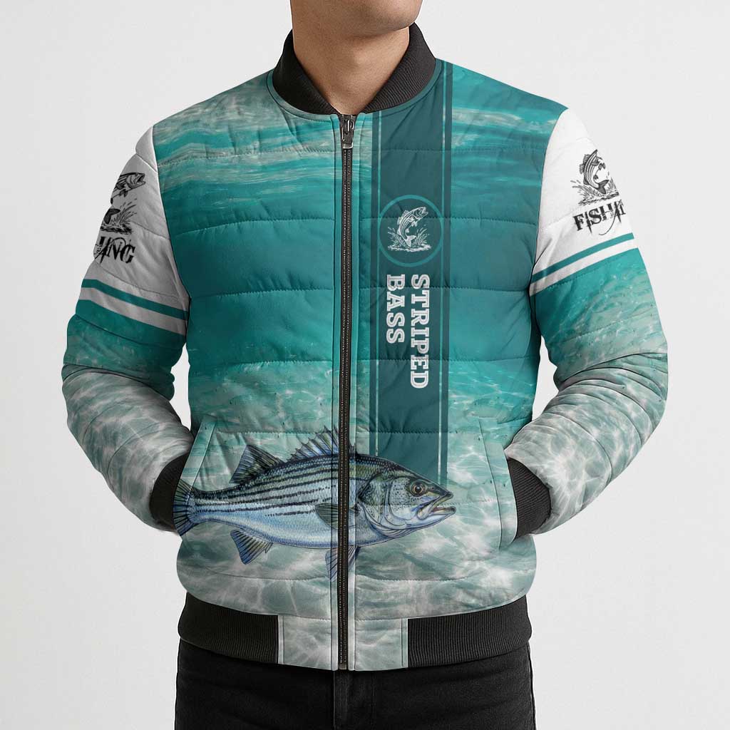 Striped Bass Fishing Bomber Puffer Jacket with Underwater Ocean Scene and Teal Water Pattern - Wonder Print Shop