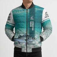 Striped Bass Fishing Bomber Puffer Jacket with Underwater Ocean Scene and Teal Water Pattern - Wonder Print Shop