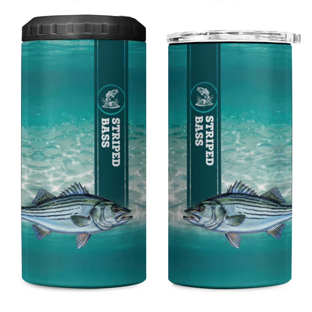 Striped Bass Fishing 4 in 1 Can Cooler Tumbler with Underwater Ocean Scene and Teal Water Pattern - Wonder Print Shop