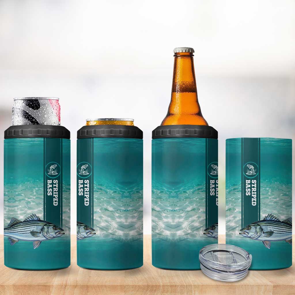 Striped Bass Fishing 4 in 1 Can Cooler Tumbler with Underwater Ocean Scene and Teal Water Pattern - Wonder Print Shop