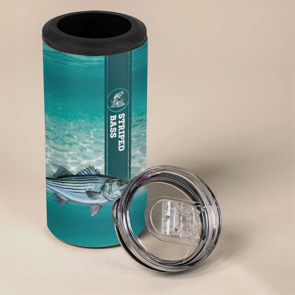 Striped Bass Fishing 4 in 1 Can Cooler Tumbler with Underwater Ocean Scene and Teal Water Pattern - Wonder Print Shop