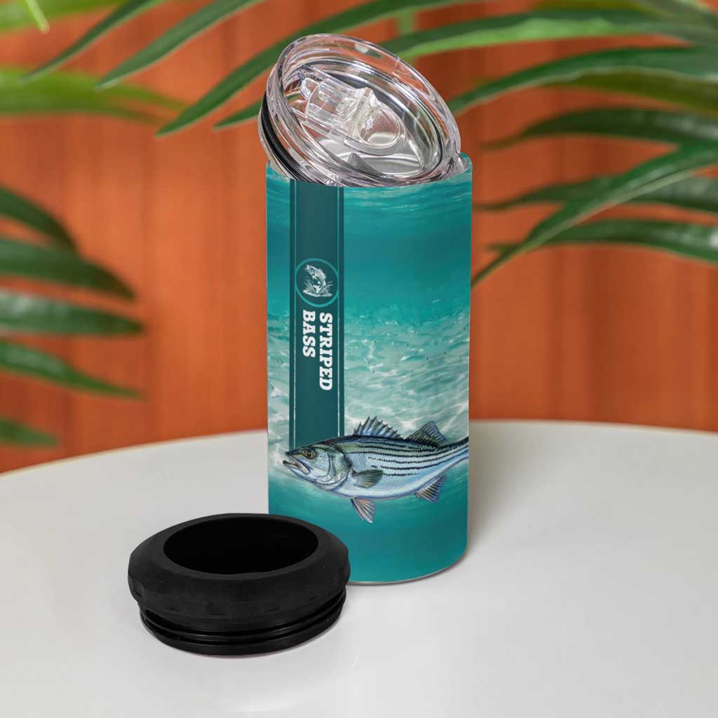 Striped Bass Fishing 4 in 1 Can Cooler Tumbler with Underwater Ocean Scene and Teal Water Pattern - Wonder Print Shop