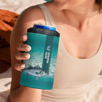 Striped Bass Fishing 4 in 1 Can Cooler Tumbler with Underwater Ocean Scene and Teal Water Pattern - Wonder Print Shop