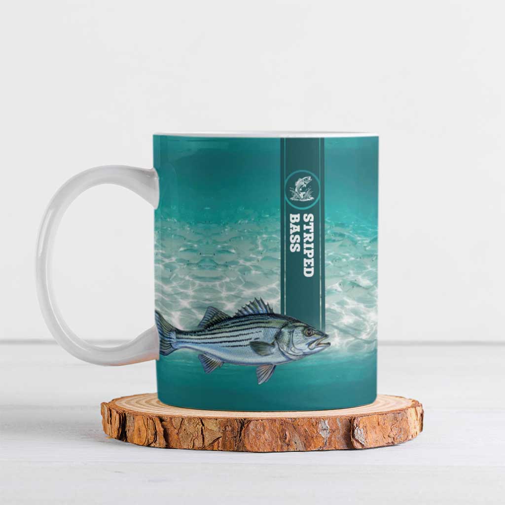 Striped Bass Fishing Ceramic Mug with Underwater Ocean Scene and Teal Water Pattern - Wonder Print Shop