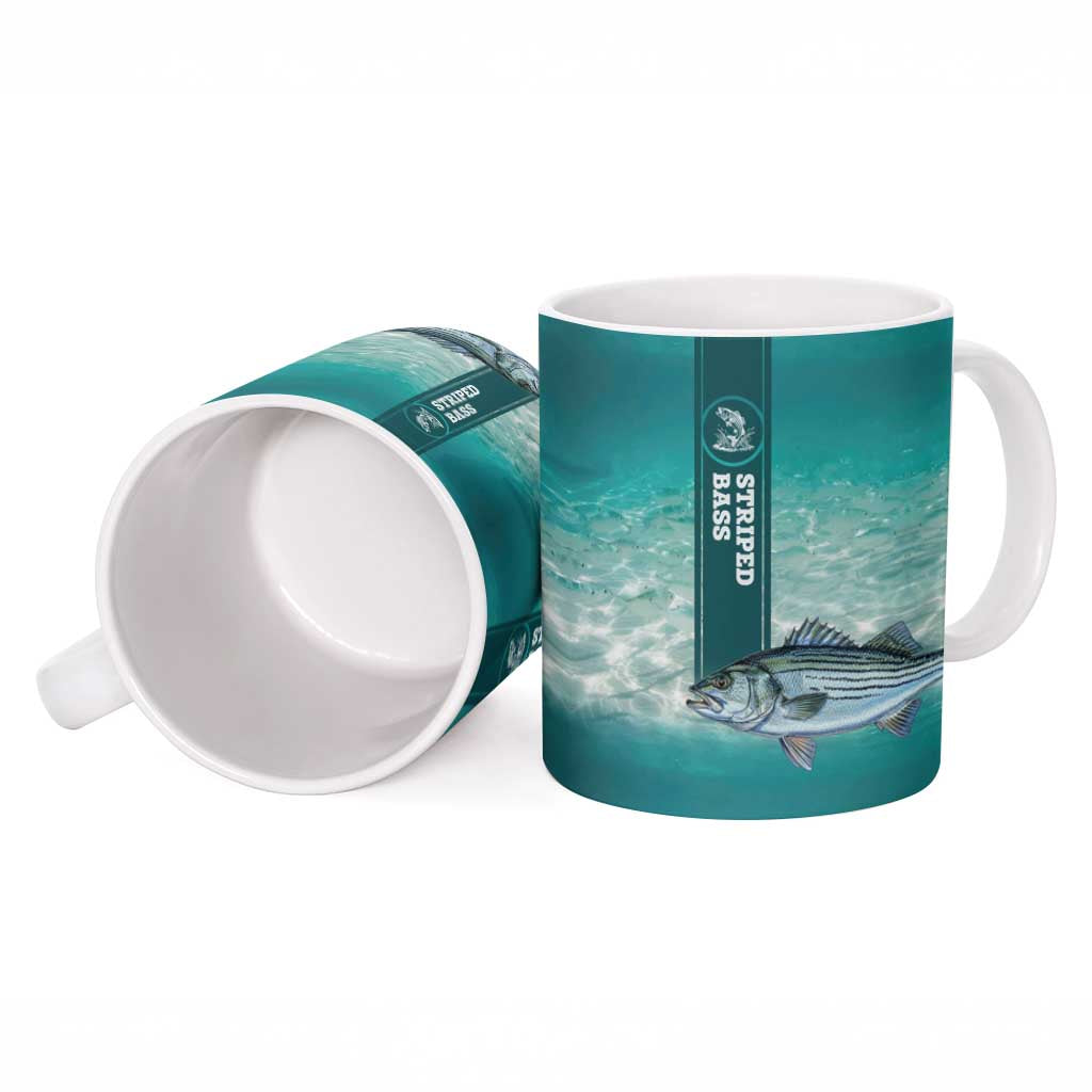 Striped Bass Fishing Ceramic Mug with Underwater Ocean Scene and Teal Water Pattern - Wonder Print Shop