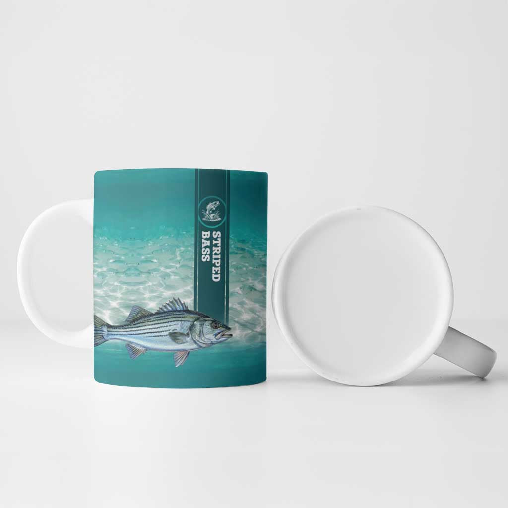 Striped Bass Fishing Ceramic Mug with Underwater Ocean Scene and Teal Water Pattern - Wonder Print Shop