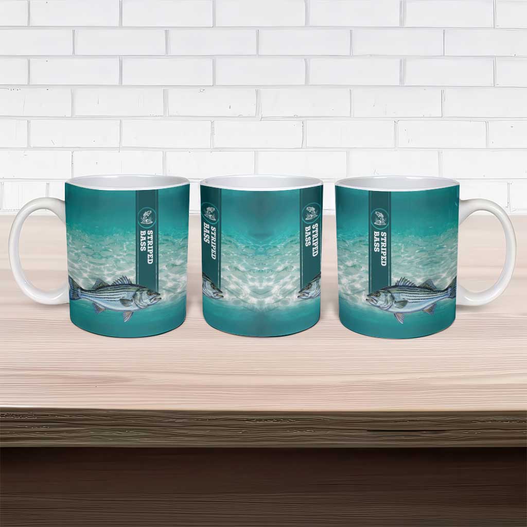 Striped Bass Fishing Ceramic Mug with Underwater Ocean Scene and Teal Water Pattern - Wonder Print Shop