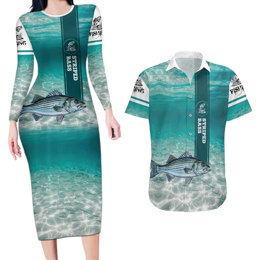 Striped Bass Fishing Couples Matching Long Sleeve Bodycon Dress and Hawaiian Shirt with Underwater Ocean Scene and Teal Water Pattern - Wonder Print Shop