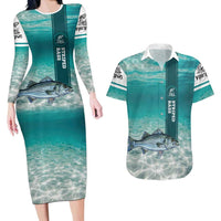 Striped Bass Fishing Couples Matching Long Sleeve Bodycon Dress and Hawaiian Shirt with Underwater Ocean Scene and Teal Water Pattern - Wonder Print Shop