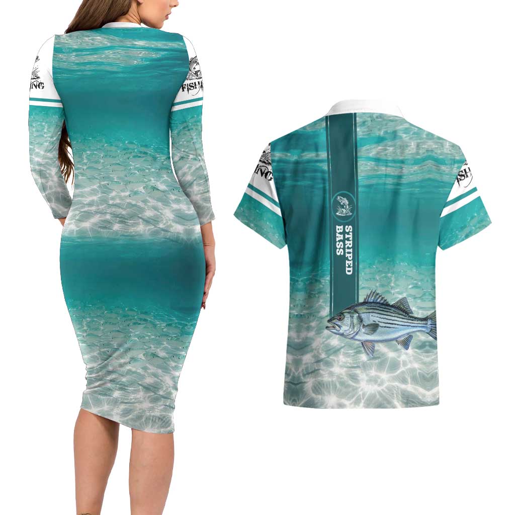 Striped Bass Fishing Couples Matching Long Sleeve Bodycon Dress and Hawaiian Shirt with Underwater Ocean Scene and Teal Water Pattern - Wonder Print Shop