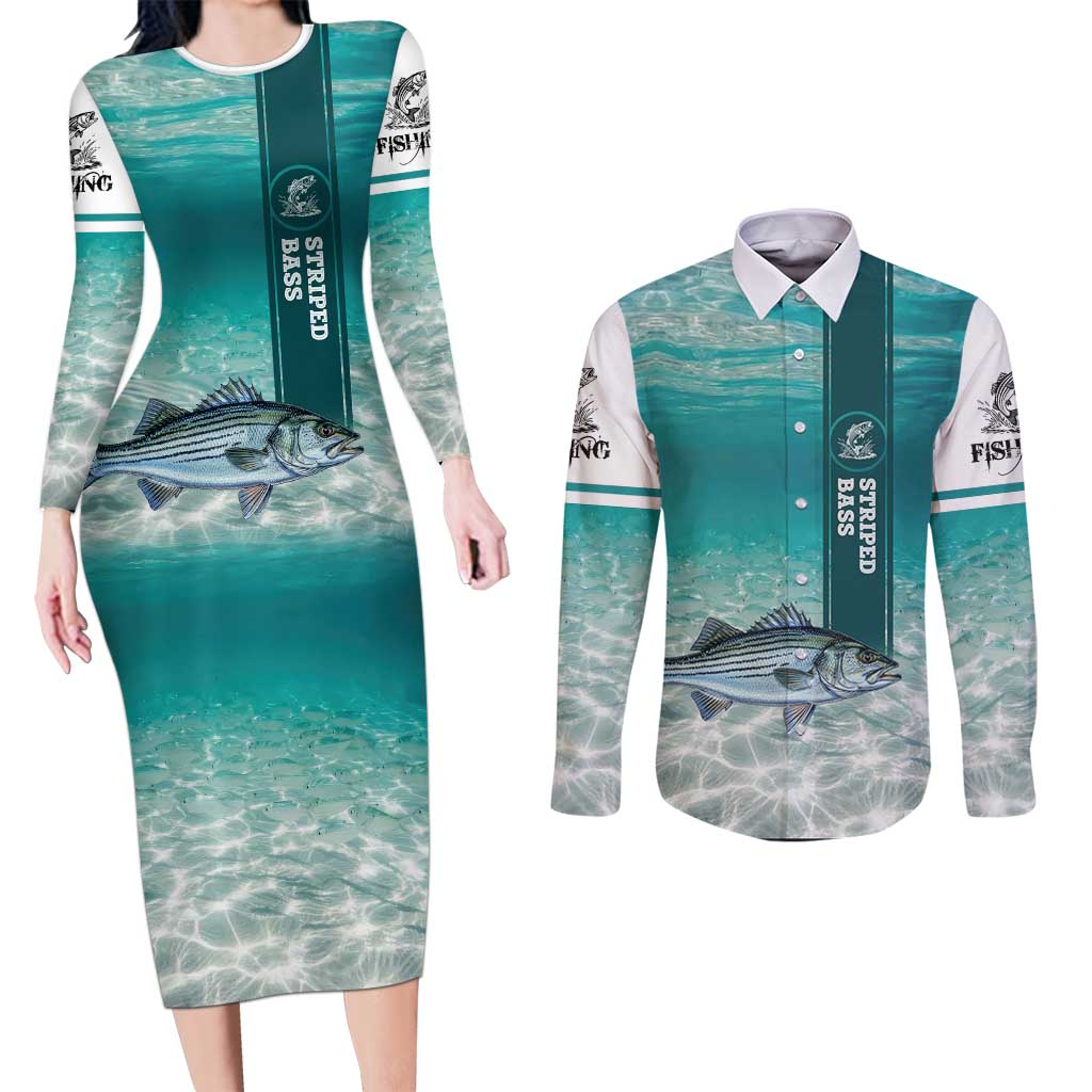 Striped Bass Fishing Couples Matching Long Sleeve Bodycon Dress and Long Sleeve Button Shirt with Underwater Ocean Scene and Teal Water Pattern - Wonder Print Shop