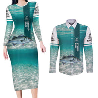 Striped Bass Fishing Couples Matching Long Sleeve Bodycon Dress and Long Sleeve Button Shirt with Underwater Ocean Scene and Teal Water Pattern - Wonder Print Shop