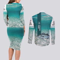 Striped Bass Fishing Couples Matching Long Sleeve Bodycon Dress and Long Sleeve Button Shirt with Underwater Ocean Scene and Teal Water Pattern - Wonder Print Shop