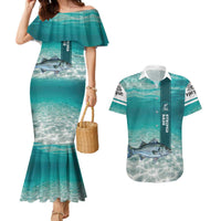 Striped Bass Fishing Couples Matching Mermaid Dress and Hawaiian Shirt with Underwater Ocean Scene and Teal Water Pattern - Wonder Print Shop