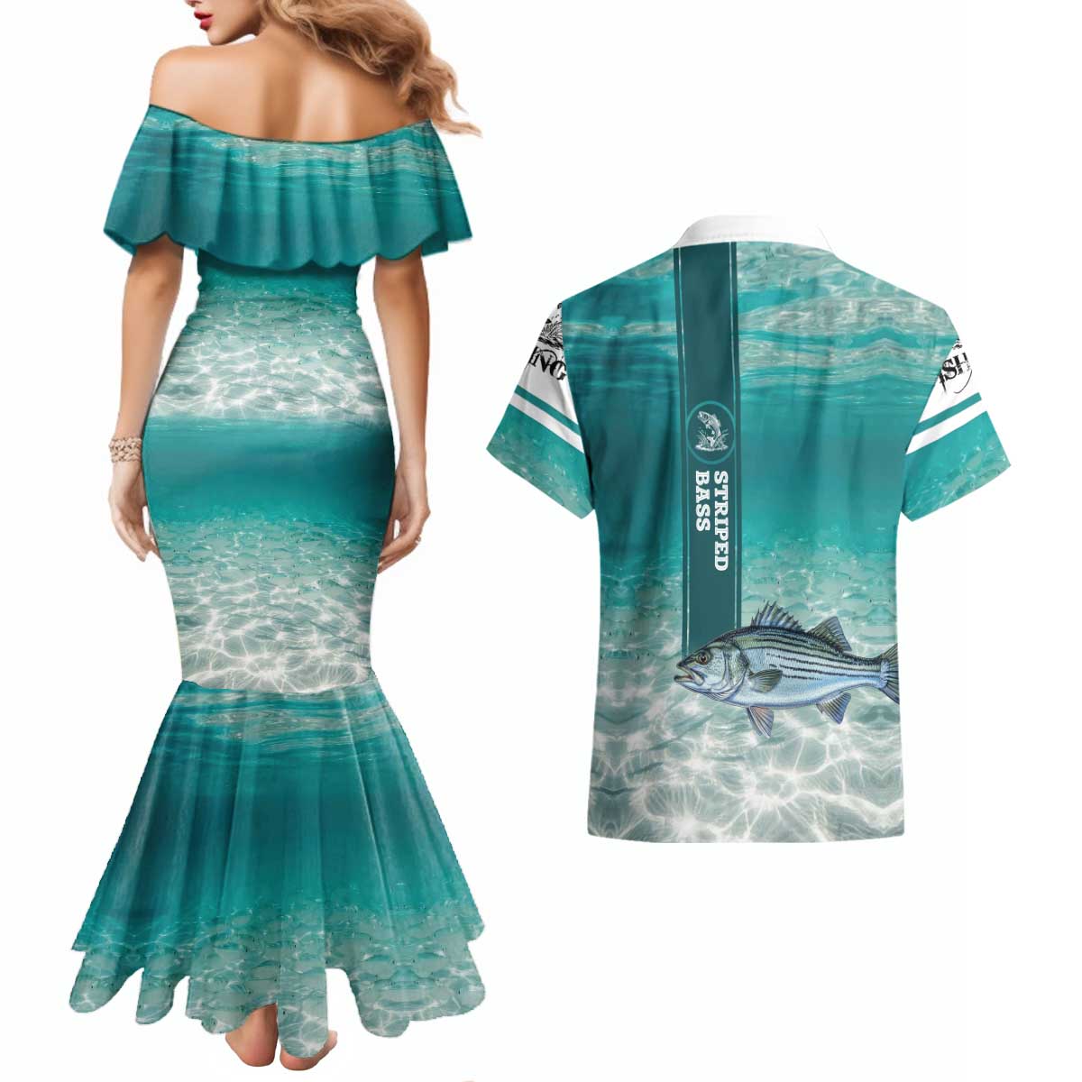 Striped Bass Fishing Couples Matching Mermaid Dress and Hawaiian Shirt with Underwater Ocean Scene and Teal Water Pattern - Wonder Print Shop