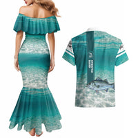 Striped Bass Fishing Couples Matching Mermaid Dress and Hawaiian Shirt with Underwater Ocean Scene and Teal Water Pattern - Wonder Print Shop