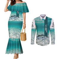 Striped Bass Fishing Couples Matching Mermaid Dress and Long Sleeve Button Shirt with Underwater Ocean Scene and Teal Water Pattern - Wonder Print Shop
