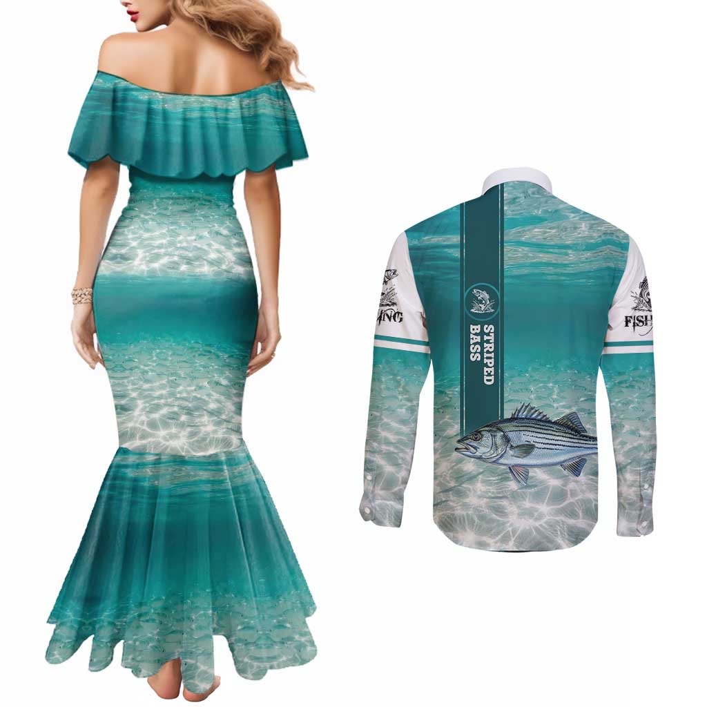 Striped Bass Fishing Couples Matching Mermaid Dress and Long Sleeve Button Shirt with Underwater Ocean Scene and Teal Water Pattern - Wonder Print Shop