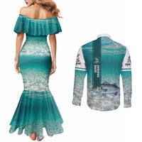 Striped Bass Fishing Couples Matching Mermaid Dress and Long Sleeve Button Shirt with Underwater Ocean Scene and Teal Water Pattern - Wonder Print Shop