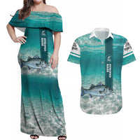 Striped Bass Fishing Couples Matching Off Shoulder Maxi Dress and Hawaiian Shirt with Underwater Ocean Scene and Teal Water Pattern - Wonder Print Shop