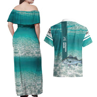 Striped Bass Fishing Couples Matching Off Shoulder Maxi Dress and Hawaiian Shirt with Underwater Ocean Scene and Teal Water Pattern - Wonder Print Shop