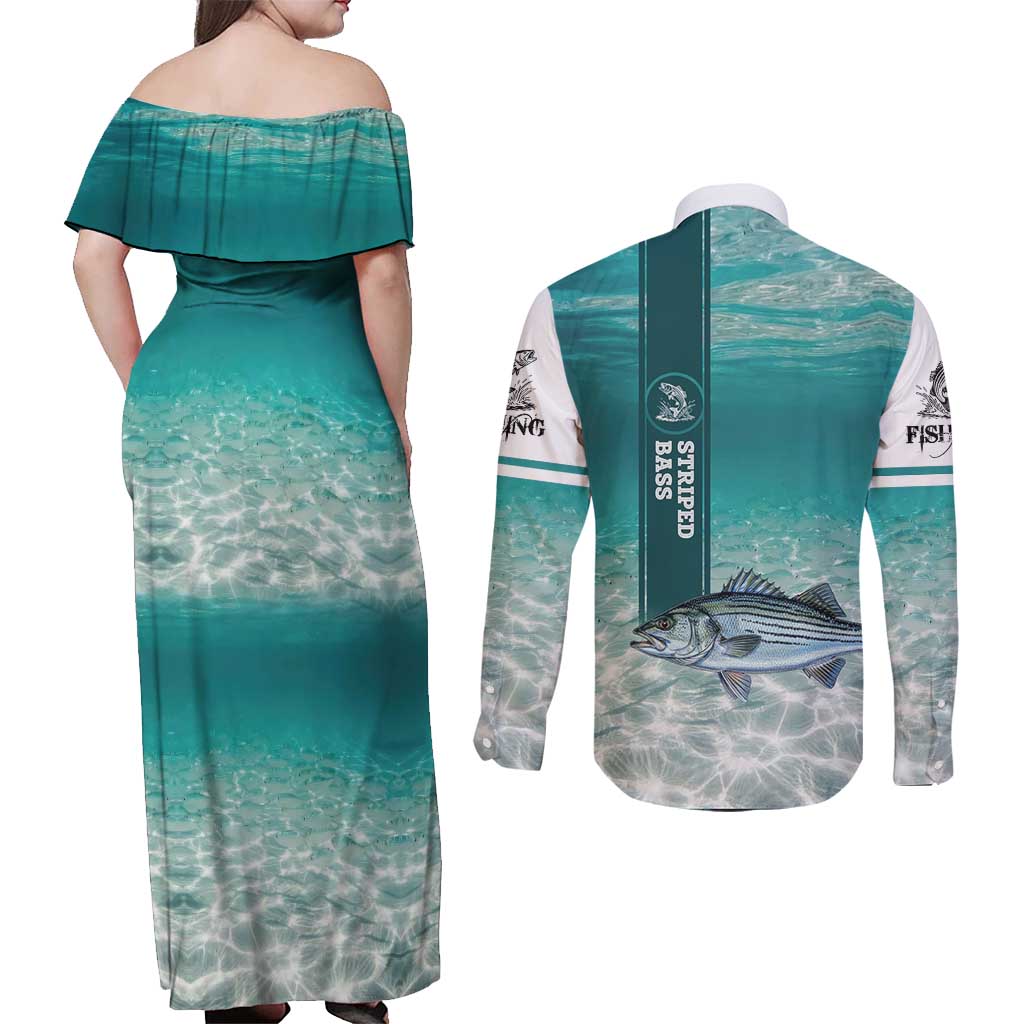 Striped Bass Fishing Couples Matching Off Shoulder Maxi Dress and Long Sleeve Button Shirt with Underwater Ocean Scene and Teal Water Pattern - Wonder Print Shop