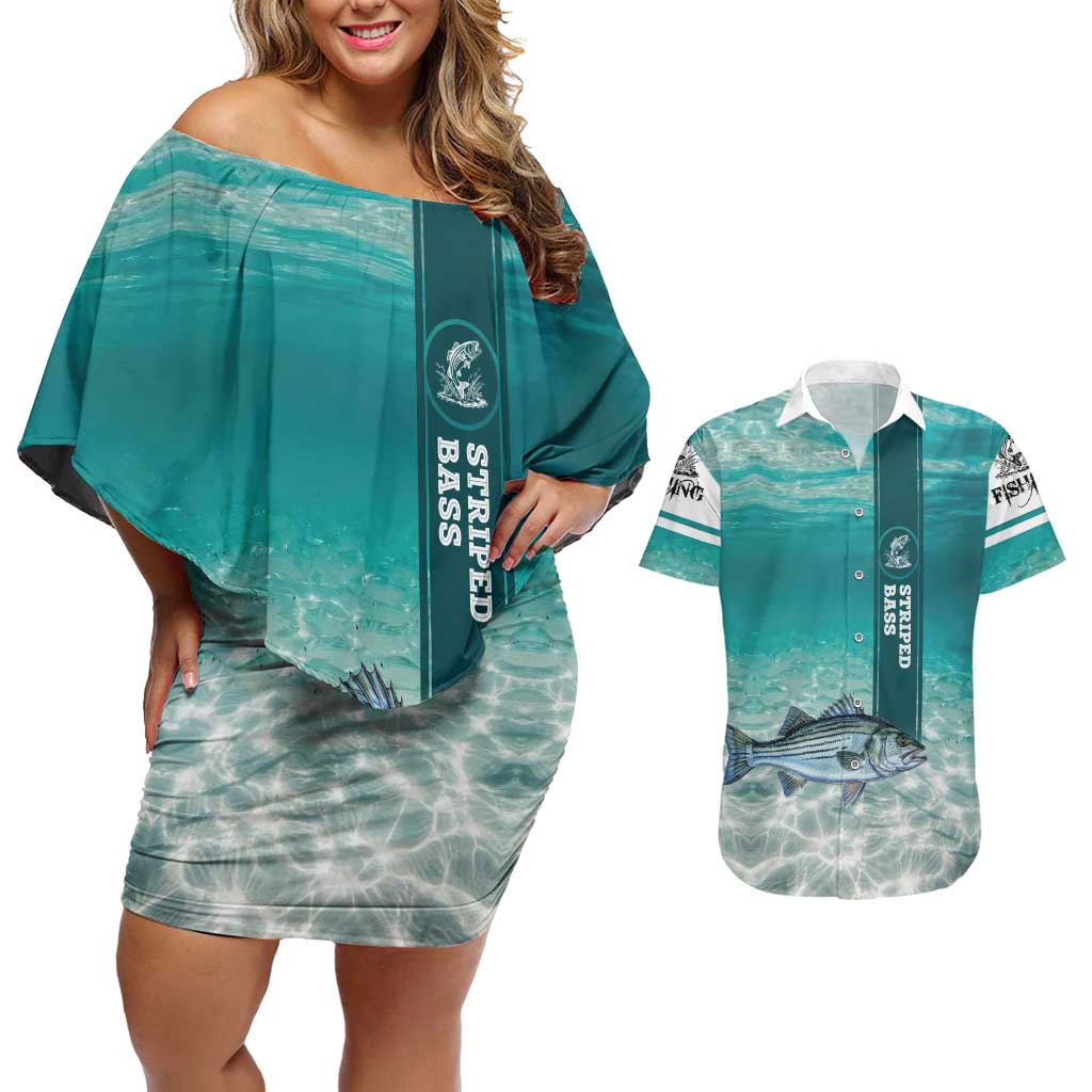 Striped Bass Fishing Couples Matching Off Shoulder Short Dress and Hawaiian Shirt with Underwater Ocean Scene and Teal Water Pattern - Wonder Print Shop