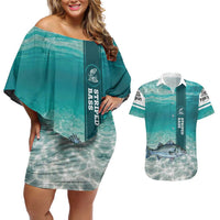 Striped Bass Fishing Couples Matching Off Shoulder Short Dress and Hawaiian Shirt with Underwater Ocean Scene and Teal Water Pattern - Wonder Print Shop