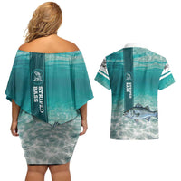 Striped Bass Fishing Couples Matching Off Shoulder Short Dress and Hawaiian Shirt with Underwater Ocean Scene and Teal Water Pattern - Wonder Print Shop