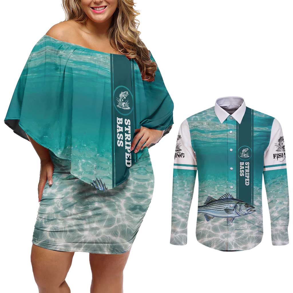 Striped Bass Fishing Couples Matching Off Shoulder Short Dress and Long Sleeve Button Shirt with Underwater Ocean Scene and Teal Water Pattern - Wonder Print Shop