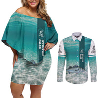 Striped Bass Fishing Couples Matching Off Shoulder Short Dress and Long Sleeve Button Shirt with Underwater Ocean Scene and Teal Water Pattern - Wonder Print Shop
