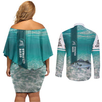 Striped Bass Fishing Couples Matching Off Shoulder Short Dress and Long Sleeve Button Shirt with Underwater Ocean Scene and Teal Water Pattern - Wonder Print Shop