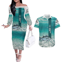 Striped Bass Fishing Couples Matching Off The Shoulder Long Sleeve Dress and Hawaiian Shirt with Underwater Ocean Scene and Teal Water Pattern - Wonder Print Shop