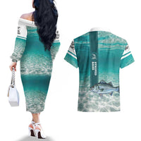 Striped Bass Fishing Couples Matching Off The Shoulder Long Sleeve Dress and Hawaiian Shirt with Underwater Ocean Scene and Teal Water Pattern - Wonder Print Shop